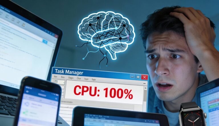 Ilustrasi Task Manager komputer menunjukkan CPU Usage 100 persen, analogi bahaya multitasking bagi kesehatan mental dan produktivitas manusia.