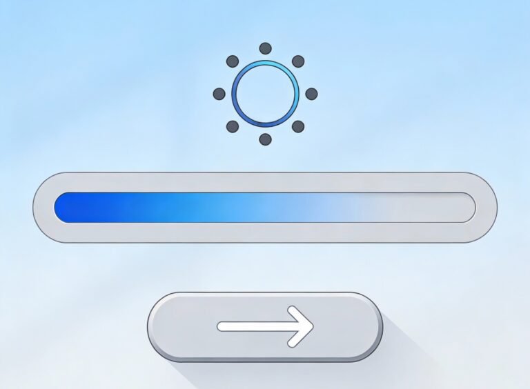 Ilustrasi loading bar system update atau tombol pembaruan aplikasi, metafora tentang pentingnya upgrade diri sendiri dan belajar sepanjang hayat.