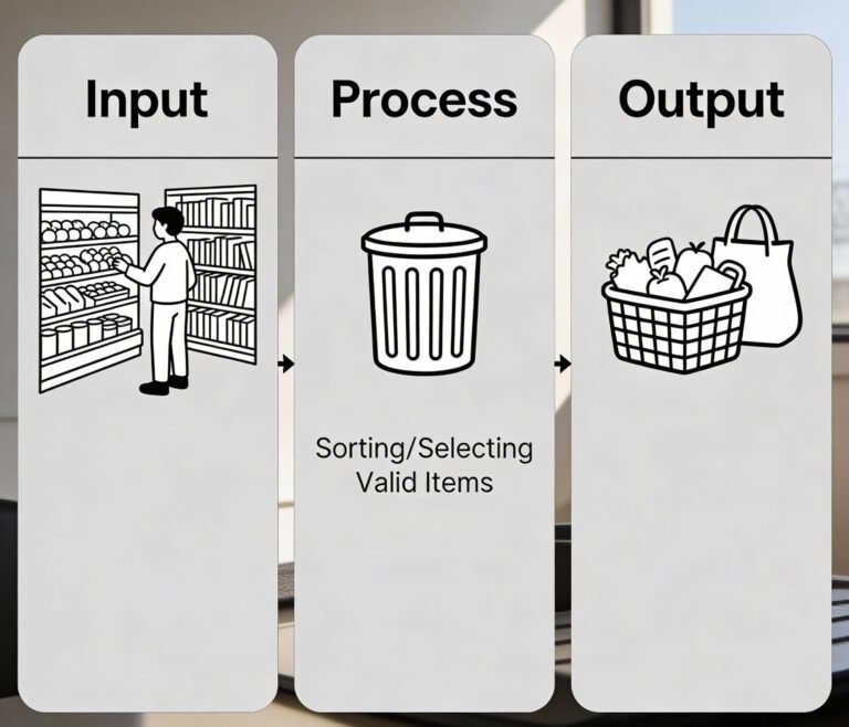 Ilustrasi diagram Input Process Output dan tumpukan sampah digital, menjelaskan konsep Garbage In Garbage Out dalam kehidupan sehari-hari.